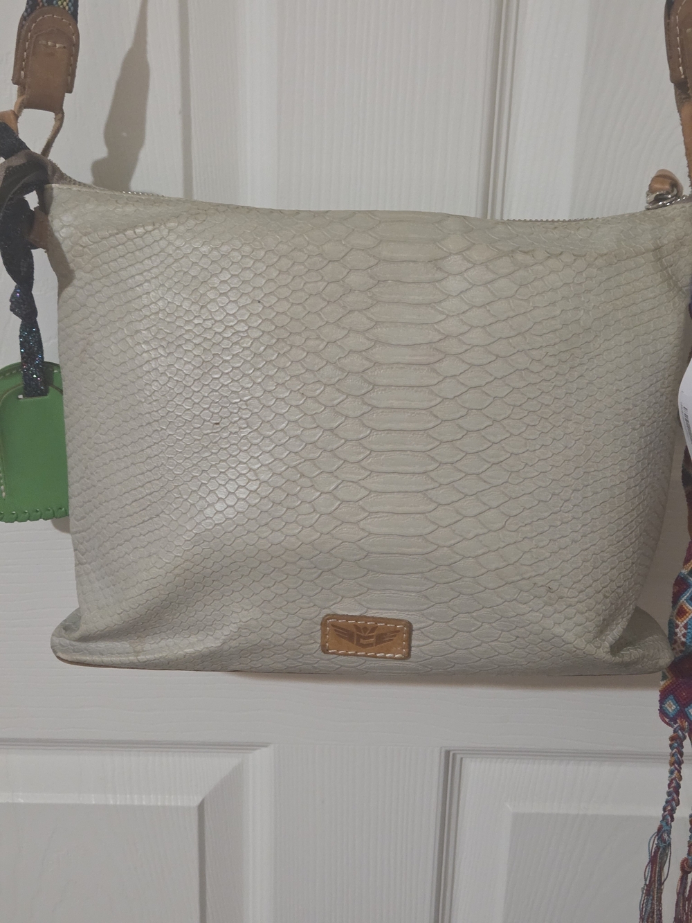 Consuela Cream Textured Snake-Embossed Shoulder Bag